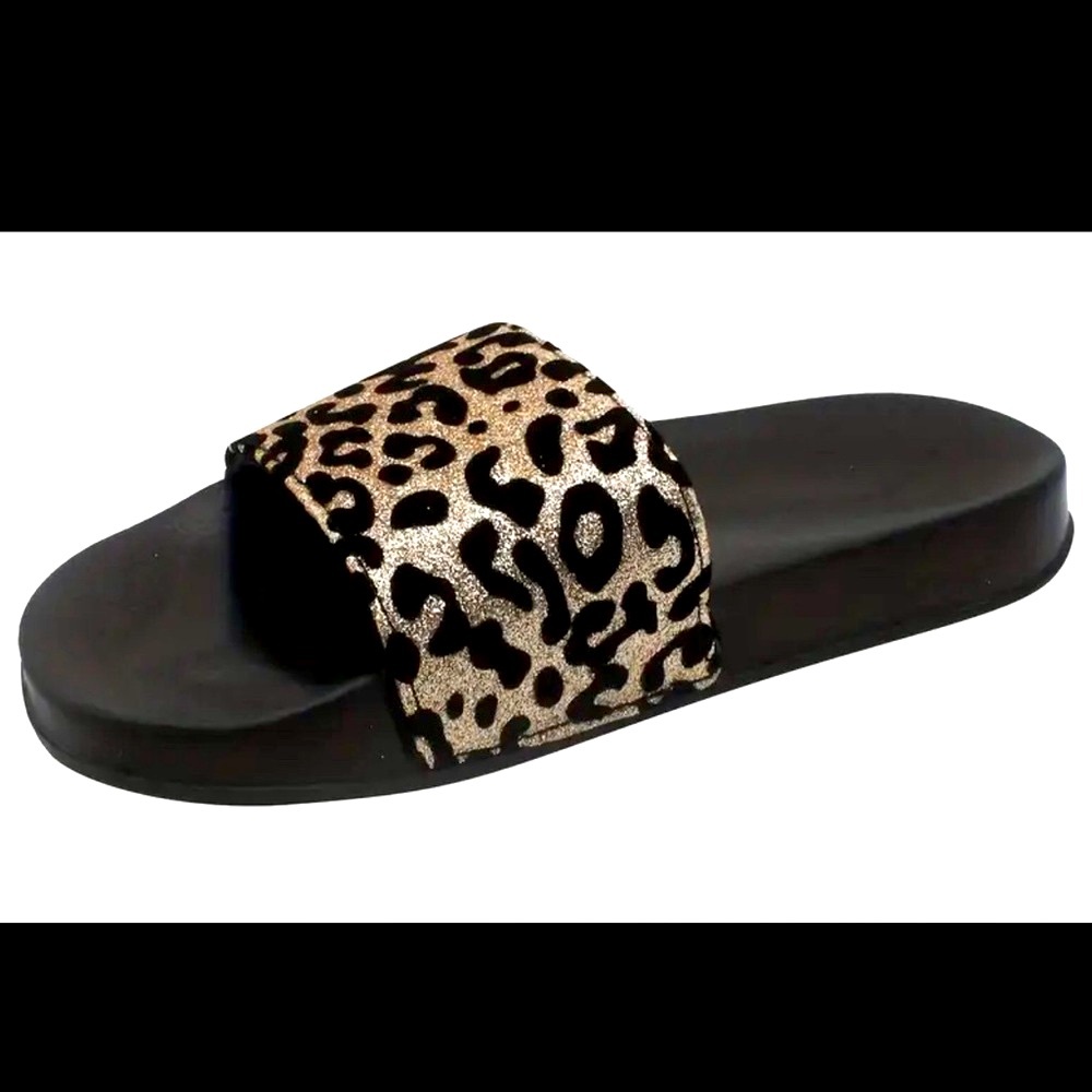 Leopard Print Slide Sandals - Black and Gold